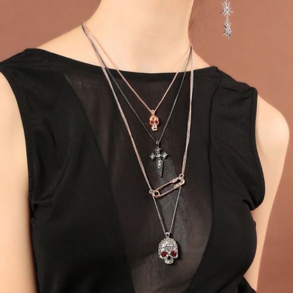 Jewelry - Layered Skull Safety Pin Cross Rose Gold Gun Metal Silver Necklace NWT